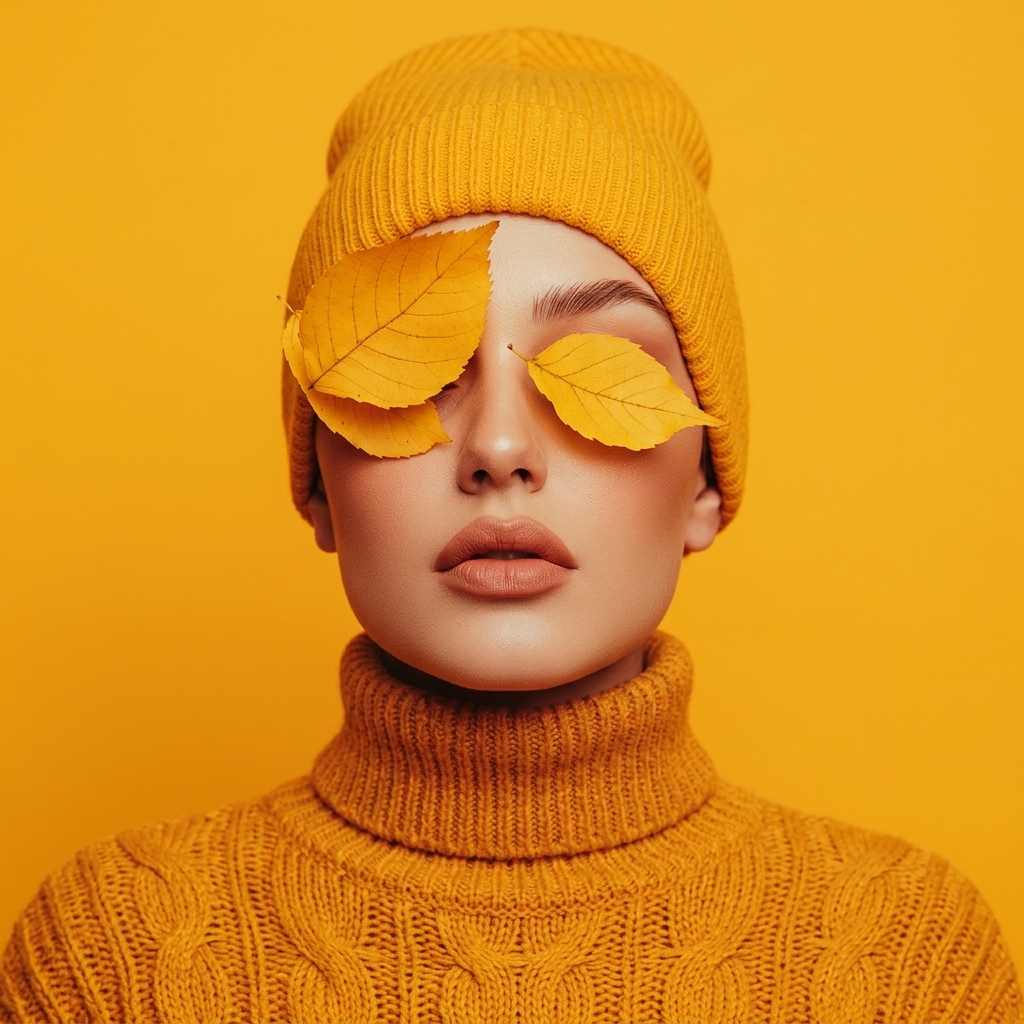 Close portrait in monochrome yellow, autumn leaves resting over closed eyes