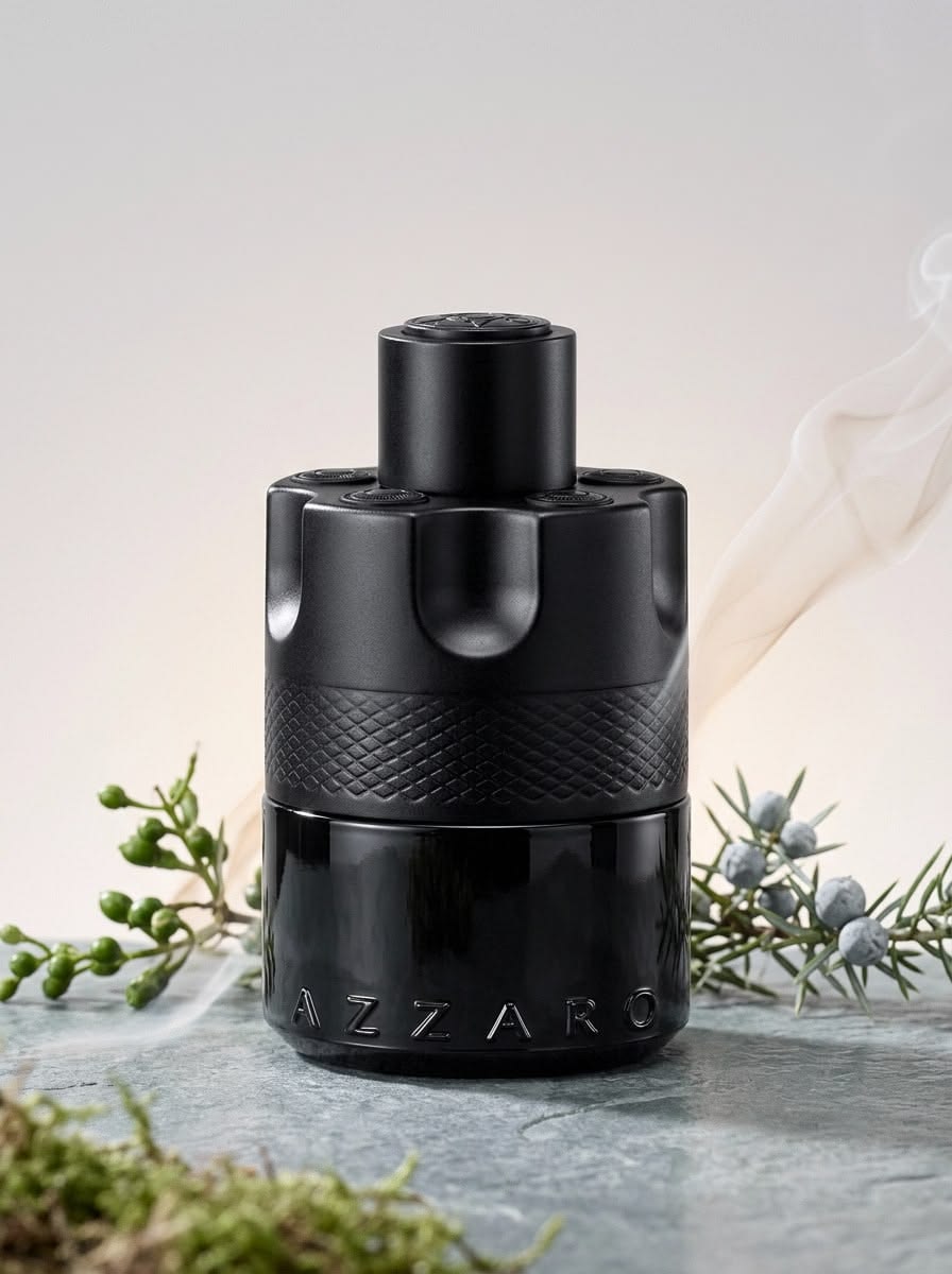 Matte black Azzaro cologne bottle with a diamond-quilted band, wisps of smoke curling beside sprigs of juniper