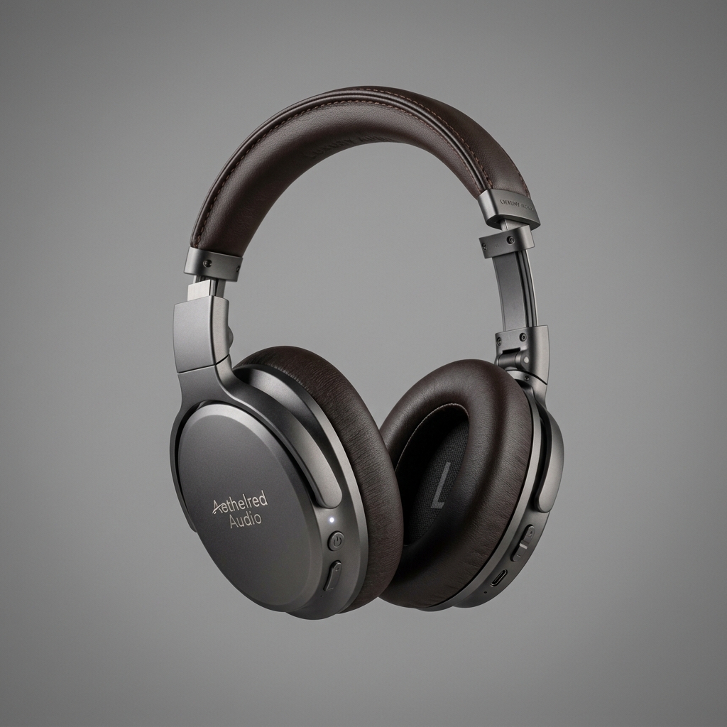 Over-ear headphones in gunmetal and brown leather, Aethelred Audio branding