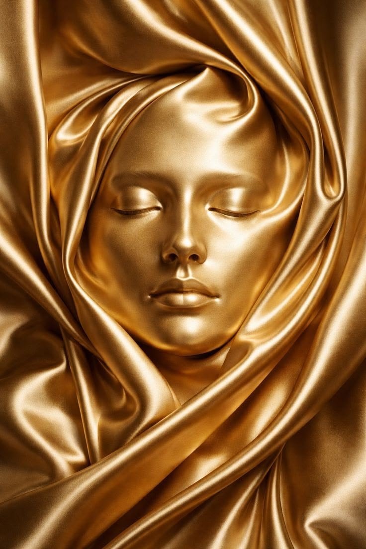 Abstract beauty portrait of a face rendered in liquid gold silk, fabric swirled around the head