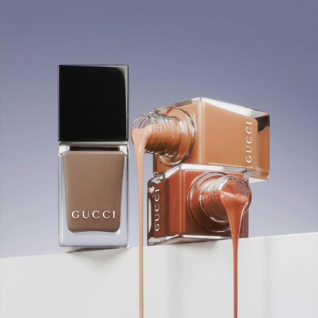 Gucci nail polish bottles, one pouring lacquer over the other against a lilac backdrop