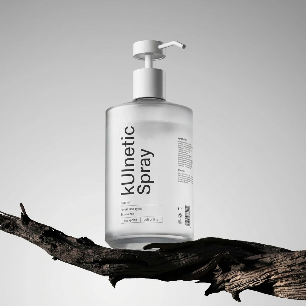 Frosted pump-bottle product shot resting on a driftwood branch