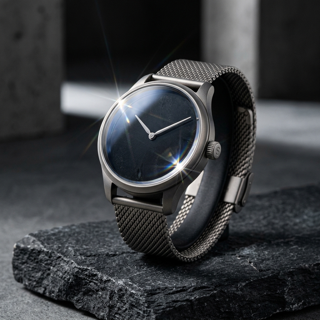 Mesh-strap watch resting on slate, sunburst flaring off the crystal