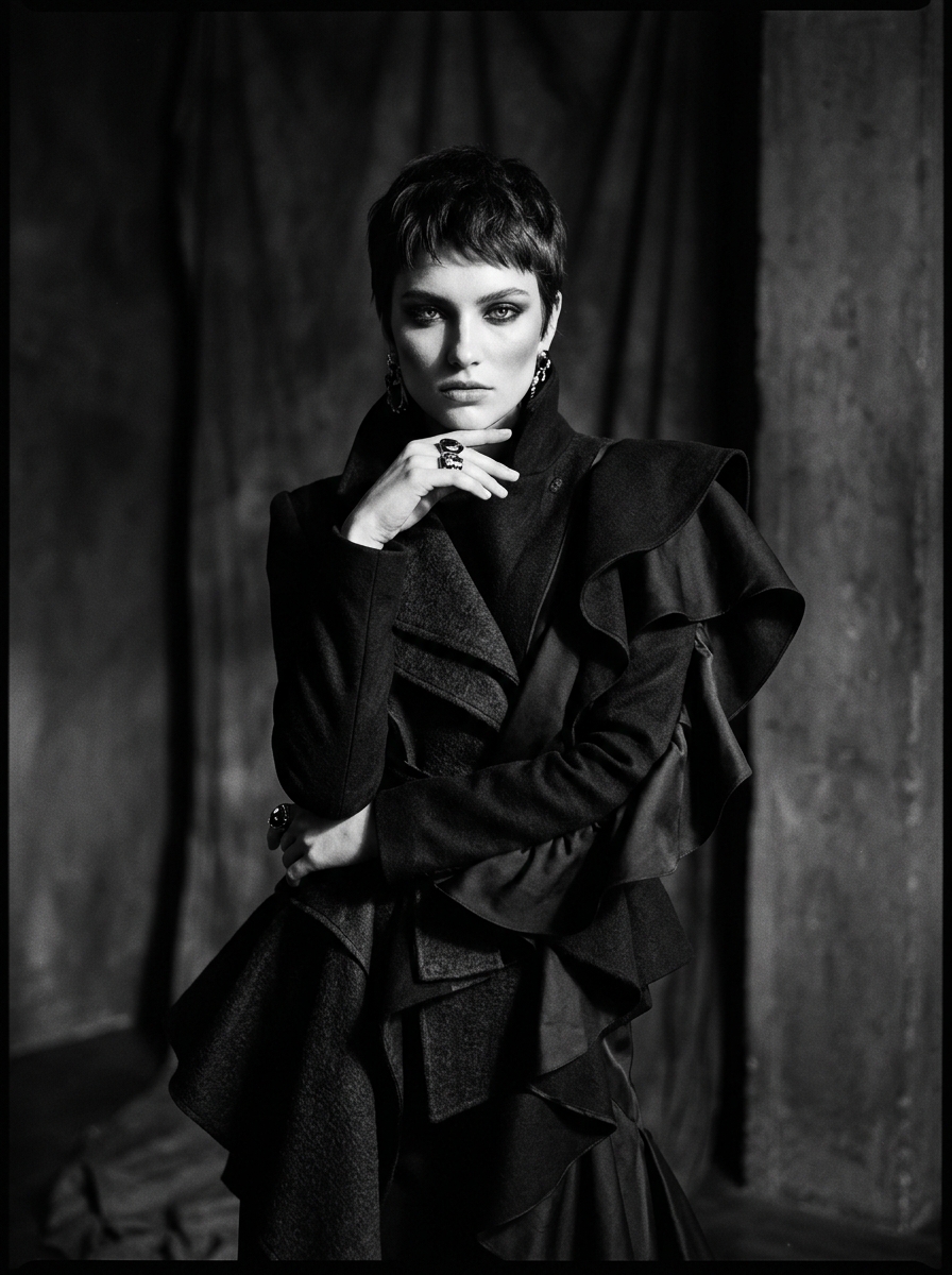 Black-and-white portrait in a dramatic ruffled coat, hand raised to the chin