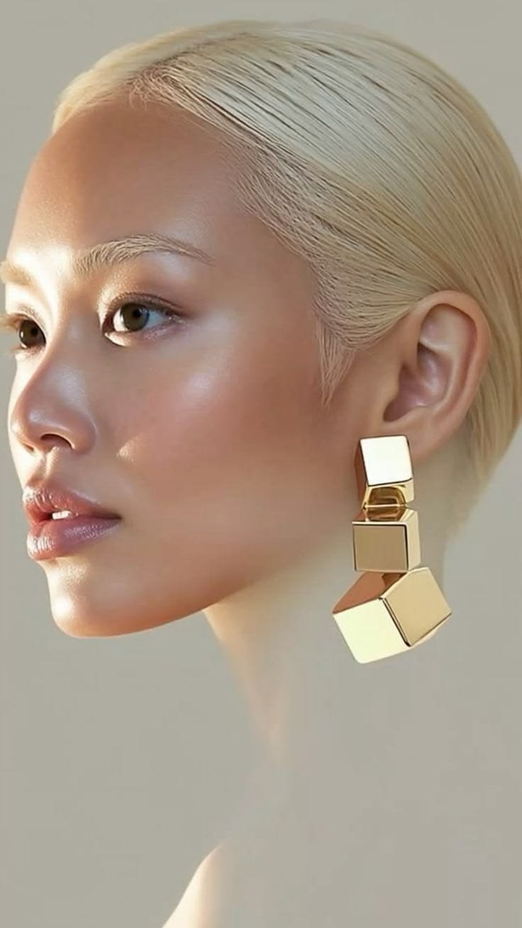 Profile portrait wearing stacked gold cube earrings against a warm neutral backdrop