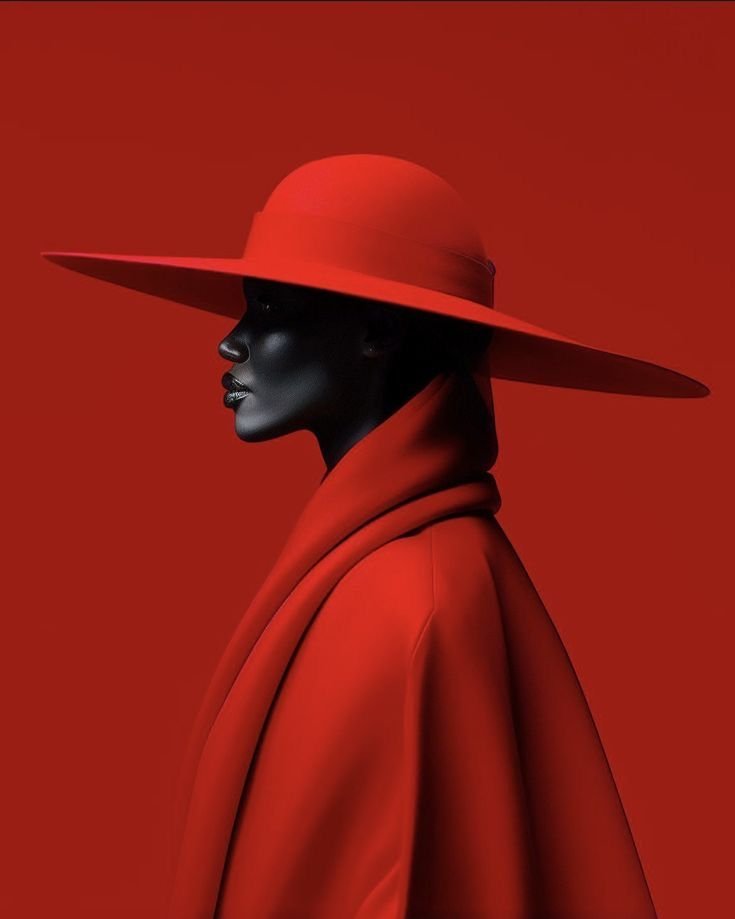 Black-and-white profile portrait in a wide-brim red hat and red cloak