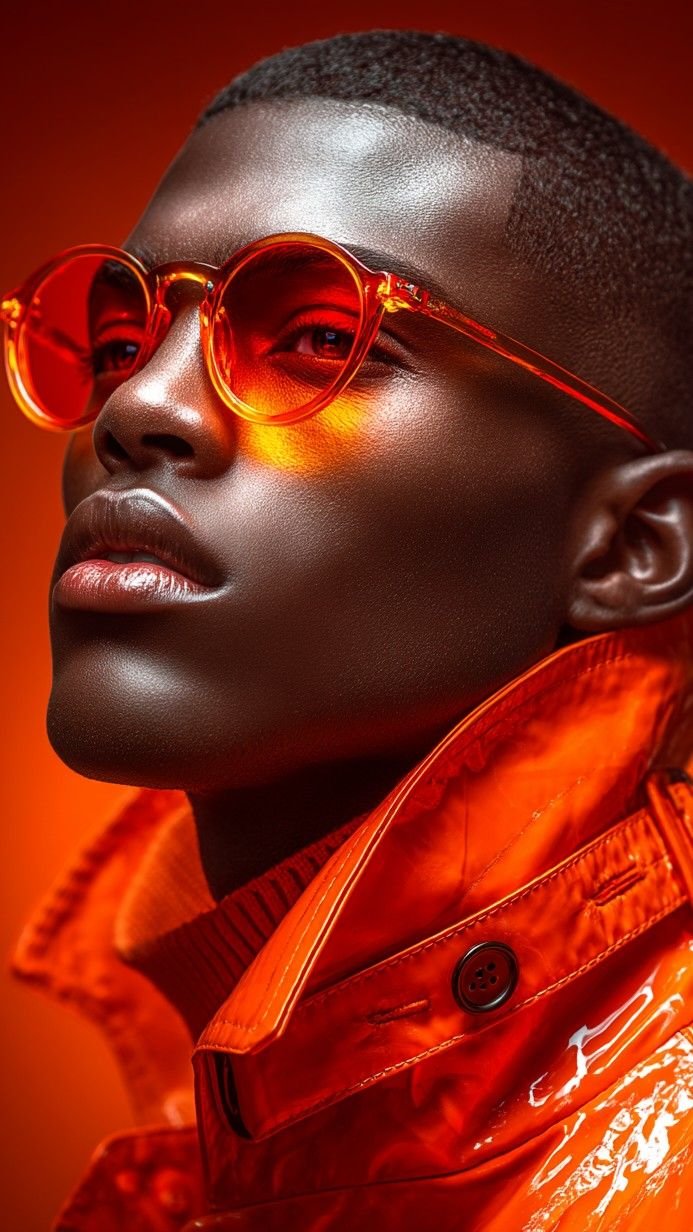 Close profile portrait lit entirely in orange, round tinted glasses and a glossy jacket