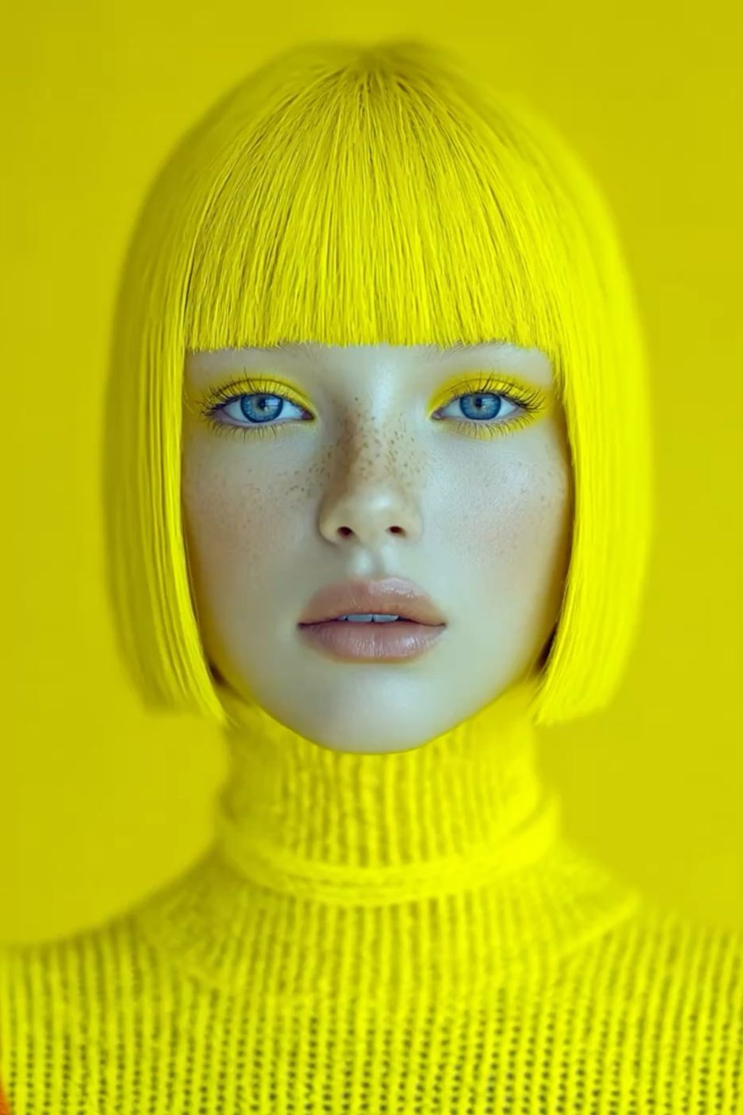 Beauty portrait with a yellow bob wig, yellow eyeshadow, and freckles against a yellow backdrop