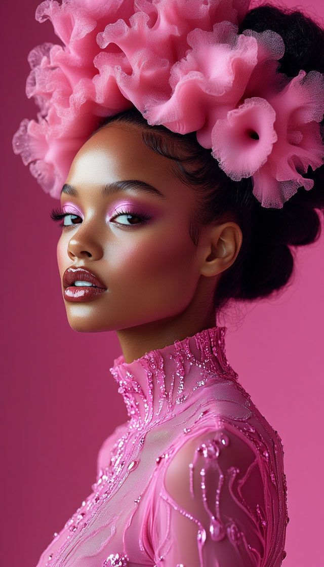 Beauty portrait in profile against a pink backdrop, wearing a tall crown of pink ruffled fabric