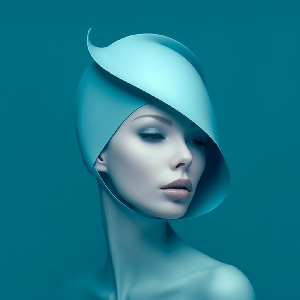 Monochrome teal portrait in a curved sculptural hat