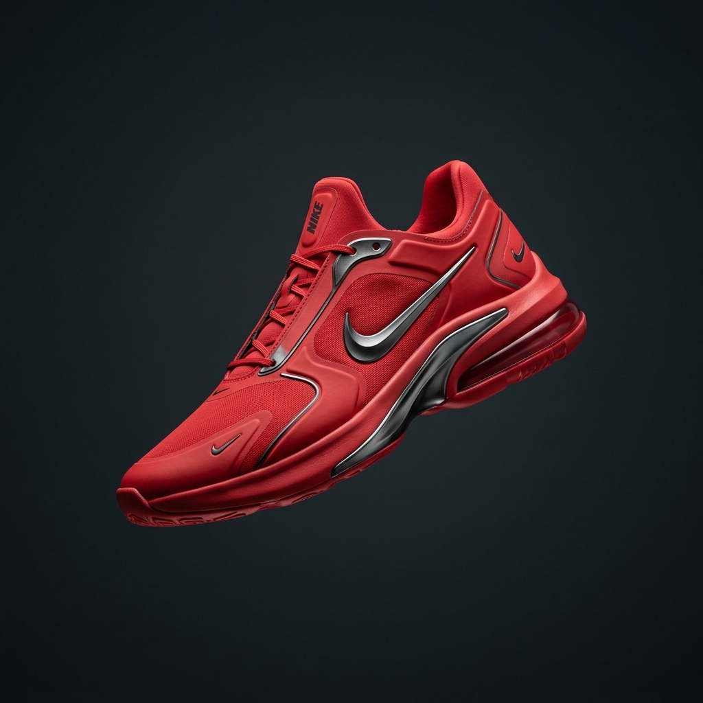 Red running shoe suspended against a near-black backdrop