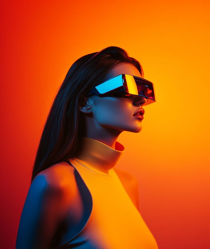 Model wearing a mirrored visor, lit in orange and blue