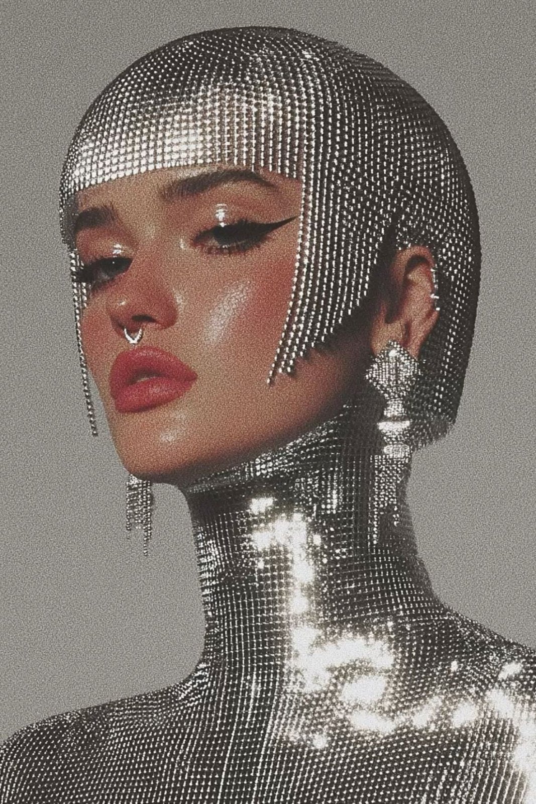 Beauty portrait in a rhinestone-mesh hood and matching bodysuit, bold red lips