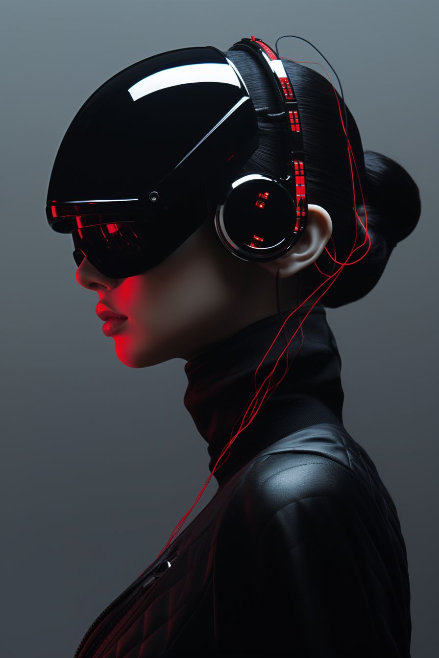 Profile portrait in a glossy black tech visor and wired headphones, red accent light