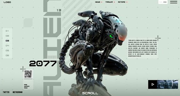 The Alien 2077 game landing page — a biomechanical creature crouched on rock behind an oversized 2077, with a vertical ALIEN wordmark and a pre-order QR code
