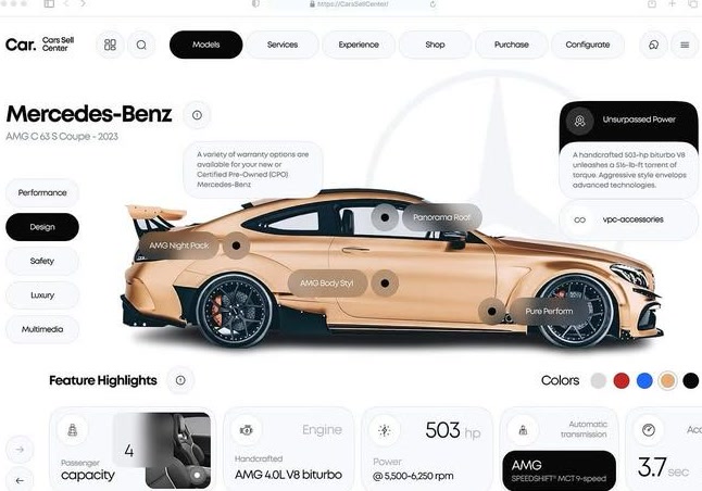The Cars Sell Center configurator — a gold Mercedes-AMG C 63 S Coupe with feature callouts and spec cards