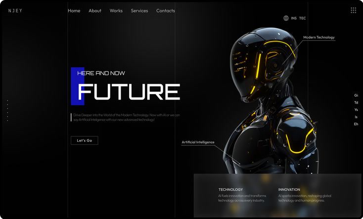 The Njey technology homepage — a glossy black humanoid robot picked out in yellow accent light