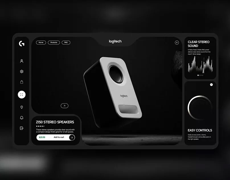A Logitech Z150 speaker product page in near-black — the speaker lit from the left on a dark stage