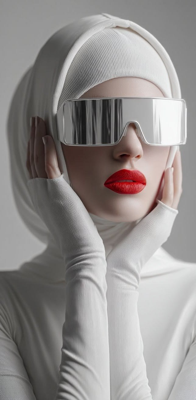 Close-up portrait of a model in an all-white hooded outfit and mirrored wraparound sunglasses with bold red lipstick